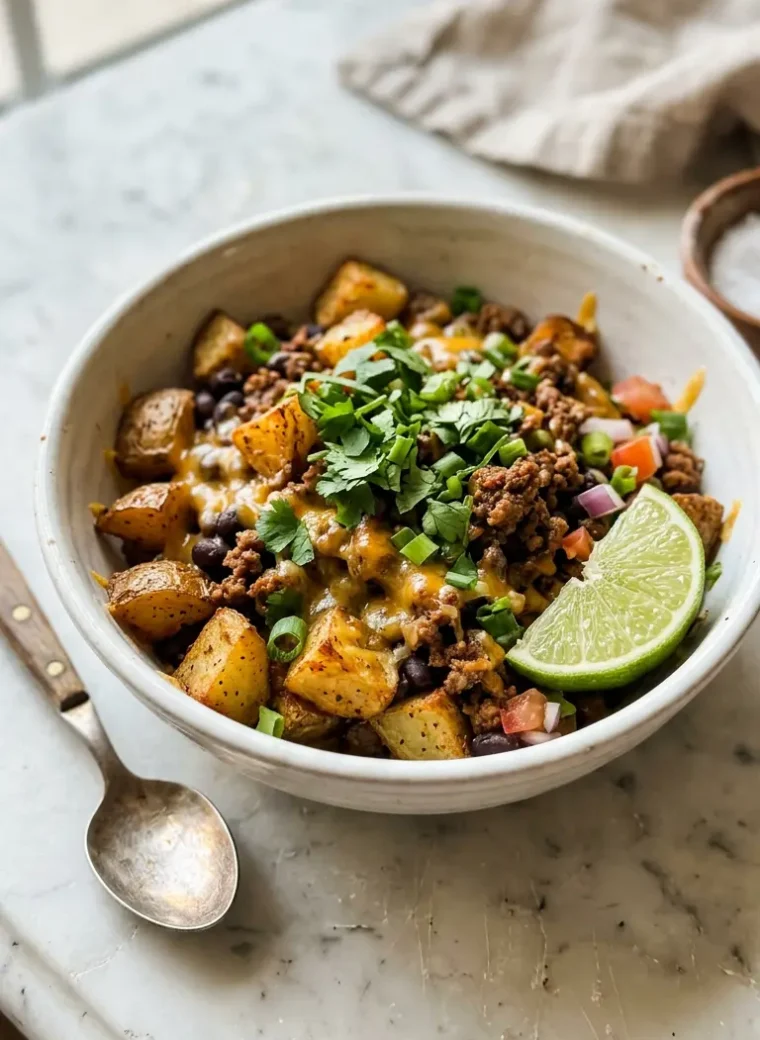 Loaded potato taco bowl with crispy potatoes, seasoned beef, and fresh toppings