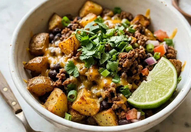 Loaded potato taco bowl with crispy potatoes, seasoned beef, and fresh toppings