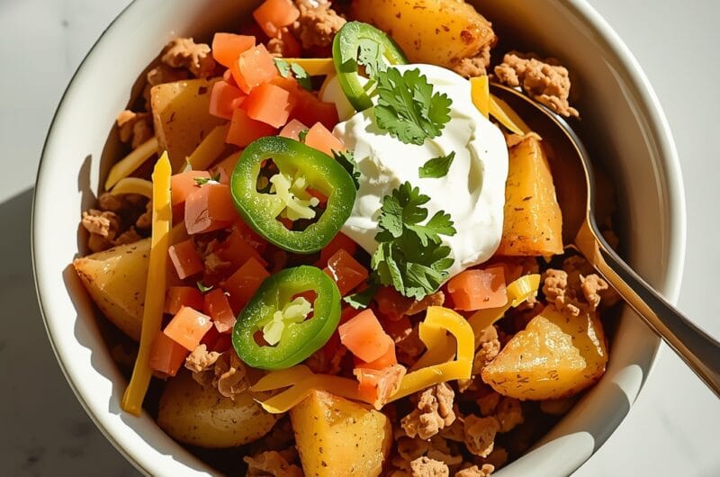 Loaded potato taco bowl with crispy roasted potatoes, seasoned ground beef, cheese, sour cream, and fresh toppings