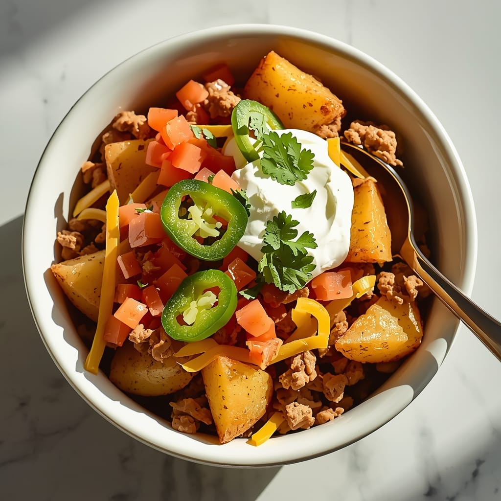 Loaded potato taco bowl with crispy roasted potatoes, seasoned ground beef, cheese, sour cream, and fresh toppings