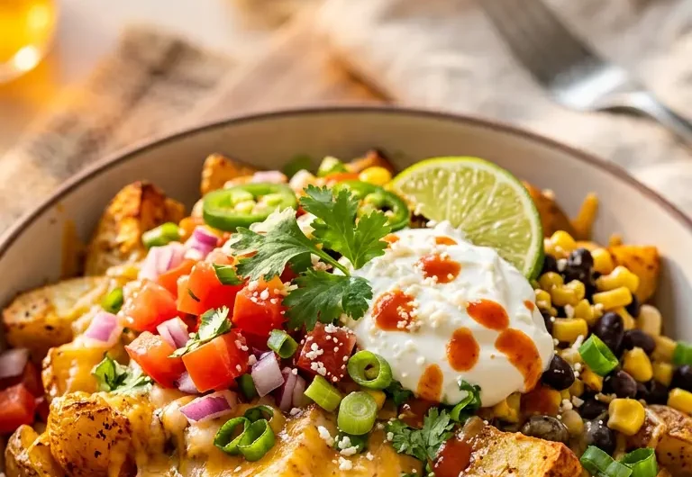 Pinterest pin image for loaded potato taco bowl recipe