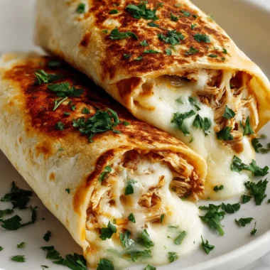 Two golden crispy Low Carb Cheesy Garlic Chicken Wraps sliced diagonally on a white ceramic plate showing gooey melted mozzarella and garlic chicken filling on a white marble surface.