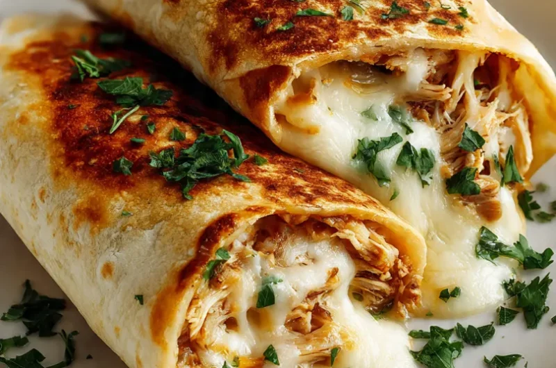 Two golden crispy Low Carb Cheesy Garlic Chicken Wraps sliced diagonally on a white ceramic plate showing gooey melted mozzarella and garlic chicken filling on a white marble surface.
