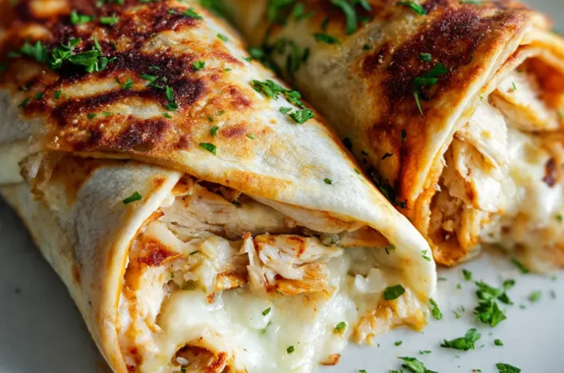 Extreme close-up vertical shot of a Low Carb Cheesy Garlic Chicken Wrap sliced diagonally showing a gooey mozzarella cheese pull and crispy golden low-carb tortilla exterior.