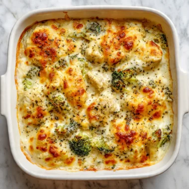 Close-up of bubbly golden low carb chicken casserole with melted cheese, broccoli, and turkey bacon in a white baking dish.
