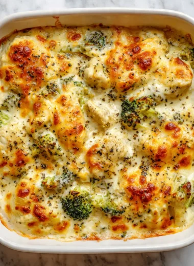 Close-up of bubbly golden low carb chicken casserole with melted cheese, broccoli, and turkey bacon in a white baking dish.