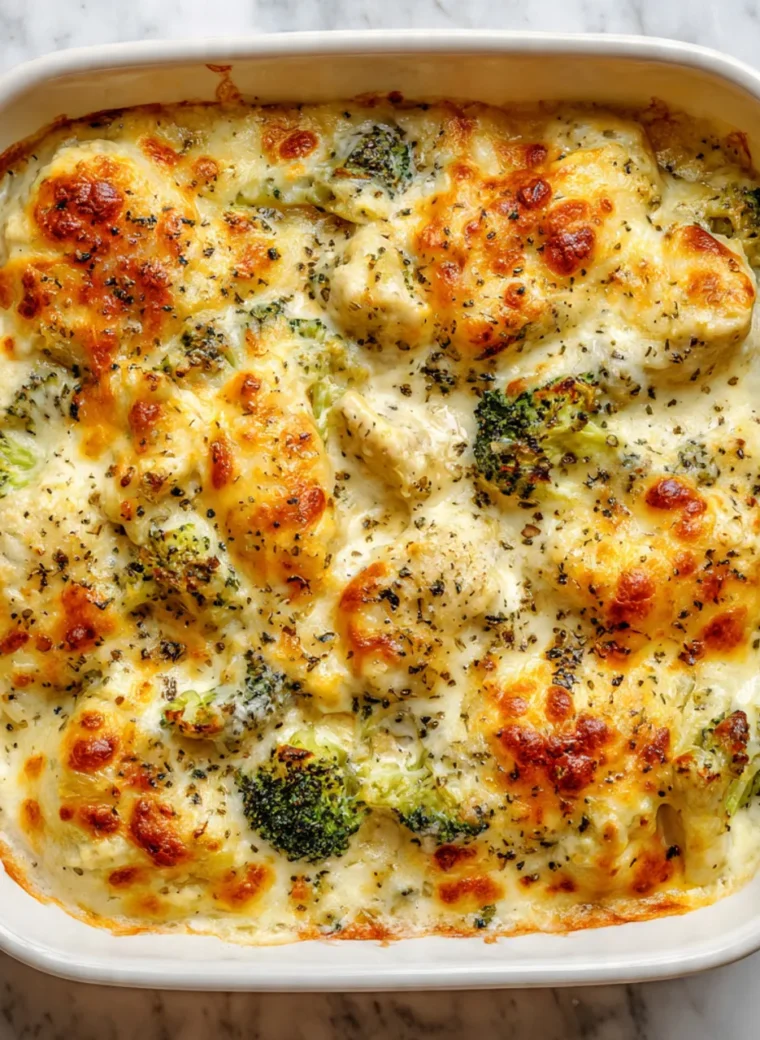 Close-up of bubbly golden low carb chicken casserole with melted cheese, broccoli, and turkey bacon in a white baking dish.