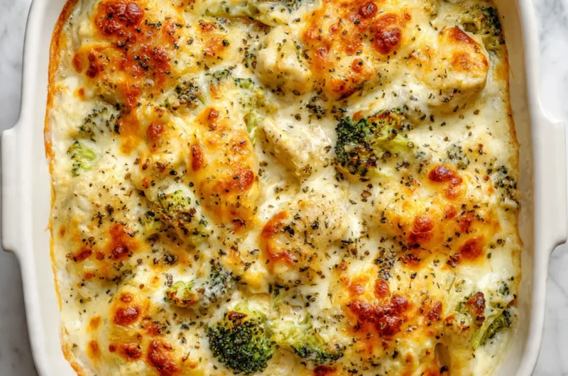 Close-up of bubbly golden low carb chicken casserole with melted cheese, broccoli, and turkey bacon in a white baking dish.