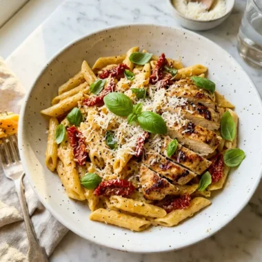 Bowl of creamy Marry Me Chicken Pasta with sun-dried tomatoes, seared chicken, and fresh basil on white marble