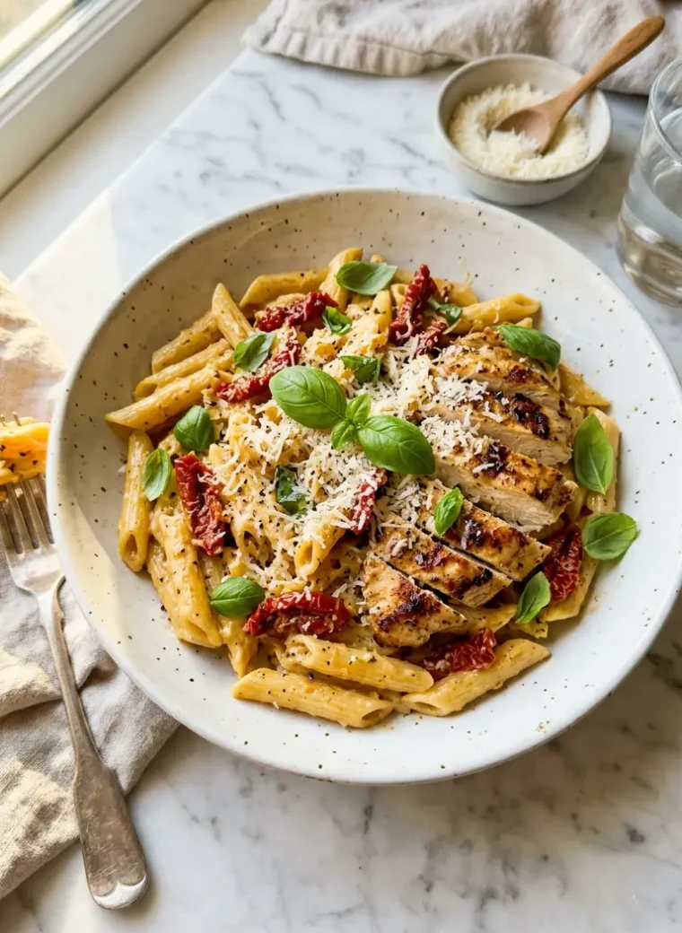 Bowl of creamy Marry Me Chicken Pasta with sun-dried tomatoes, seared chicken, and fresh basil on white marble