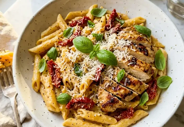 Bowl of creamy Marry Me Chicken Pasta with sun-dried tomatoes, seared chicken, and fresh basil on white marble