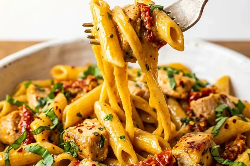 Pinterest pin image for Marry Me Chicken Pasta recipe with creamy sauce and sun-dried tomatoes
