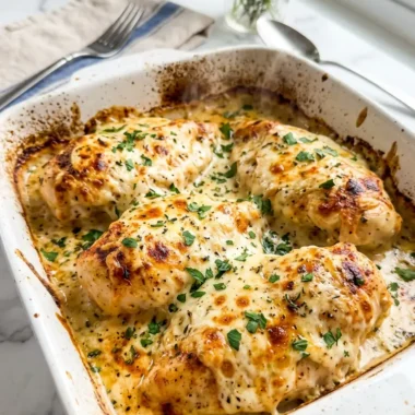 Golden melt in your mouth chicken breast with creamy Parmesan topping in a white baking dish