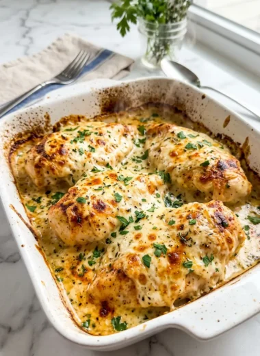 Golden melt in your mouth chicken breast with creamy Parmesan topping in a white baking dish