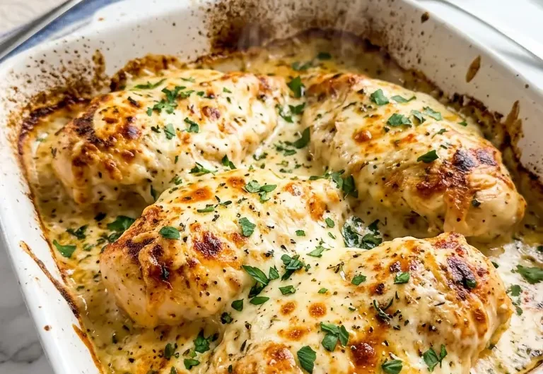 Golden melt in your mouth chicken breast with creamy Parmesan topping in a white baking dish