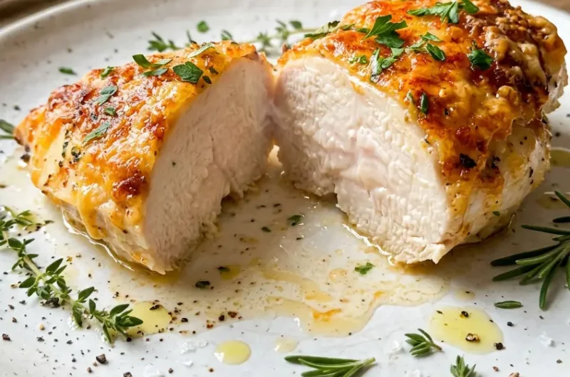 Pinterest pin image for melt in your mouth chicken breast recipe showing juicy sliced chicken