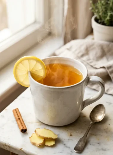 Steaming mug of golden metabolism boosting tea with lemon and ginger on white marble