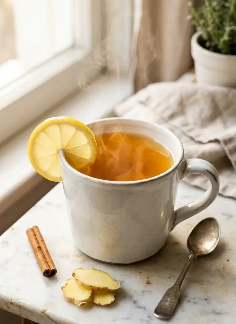 Steaming mug of golden metabolism boosting tea with lemon and ginger on white marble