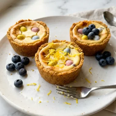 Mini egg cheesecakes with lemon zest and blueberries on white ceramic plate
