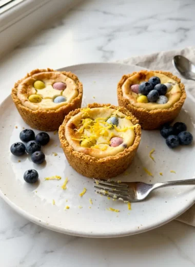 Mini egg cheesecakes with lemon zest and blueberries on white ceramic plate