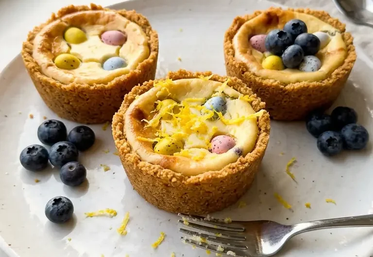 Mini egg cheesecakes with lemon zest and blueberries on white ceramic plate