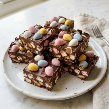 Mini Egg Rocky Road bars stacked on a white plate showing glossy chocolate and pastel Mini Eggs on top