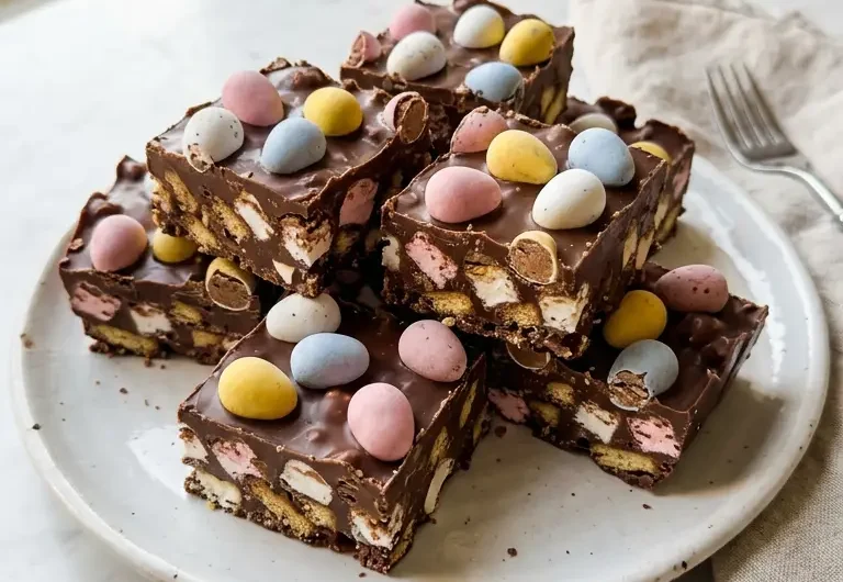 Mini Egg Rocky Road bars stacked on a white plate showing glossy chocolate and pastel Mini Eggs on top