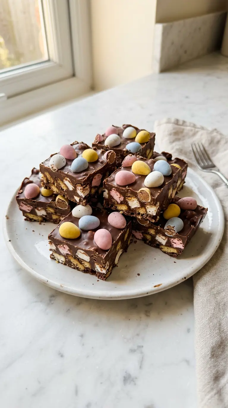 Mini Egg Rocky Road bars stacked on a white plate showing glossy chocolate and pastel Mini Eggs on top
