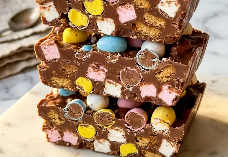 Pinterest pin image for Mini Egg Rocky Road recipe with pastel Mini Eggs and glossy chocolate
