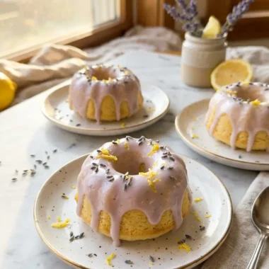 Mini lemon cakes with elegant lavender glaze garnished with edible flowers