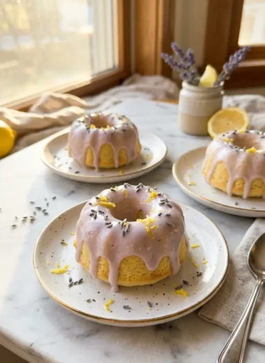 Mini lemon cakes with elegant lavender glaze garnished with edible flowers