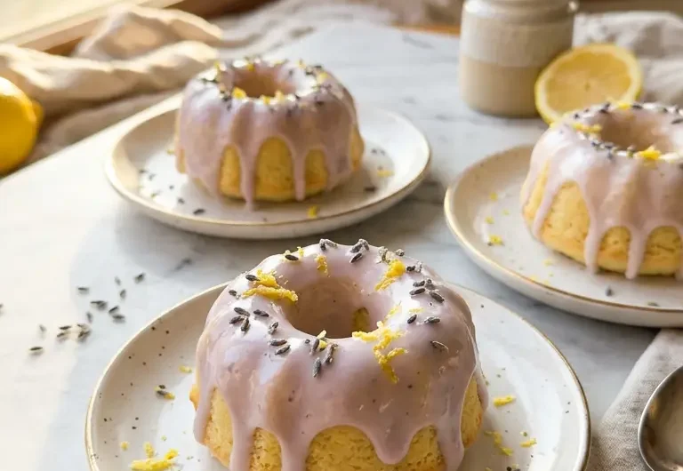 Mini lemon cakes with elegant lavender glaze garnished with edible flowers