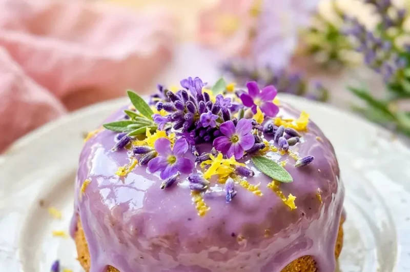 Pinterest pin image for mini lemon cakes with lavender glaze recipe