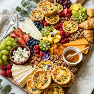 Mother's Day brunch board with mini quiches, fresh fruit, brie, cheddar, croissants, and honey on white marble