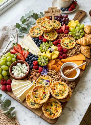 Mother's Day brunch board with mini quiches, fresh fruit, brie, cheddar, croissants, and honey on white marble