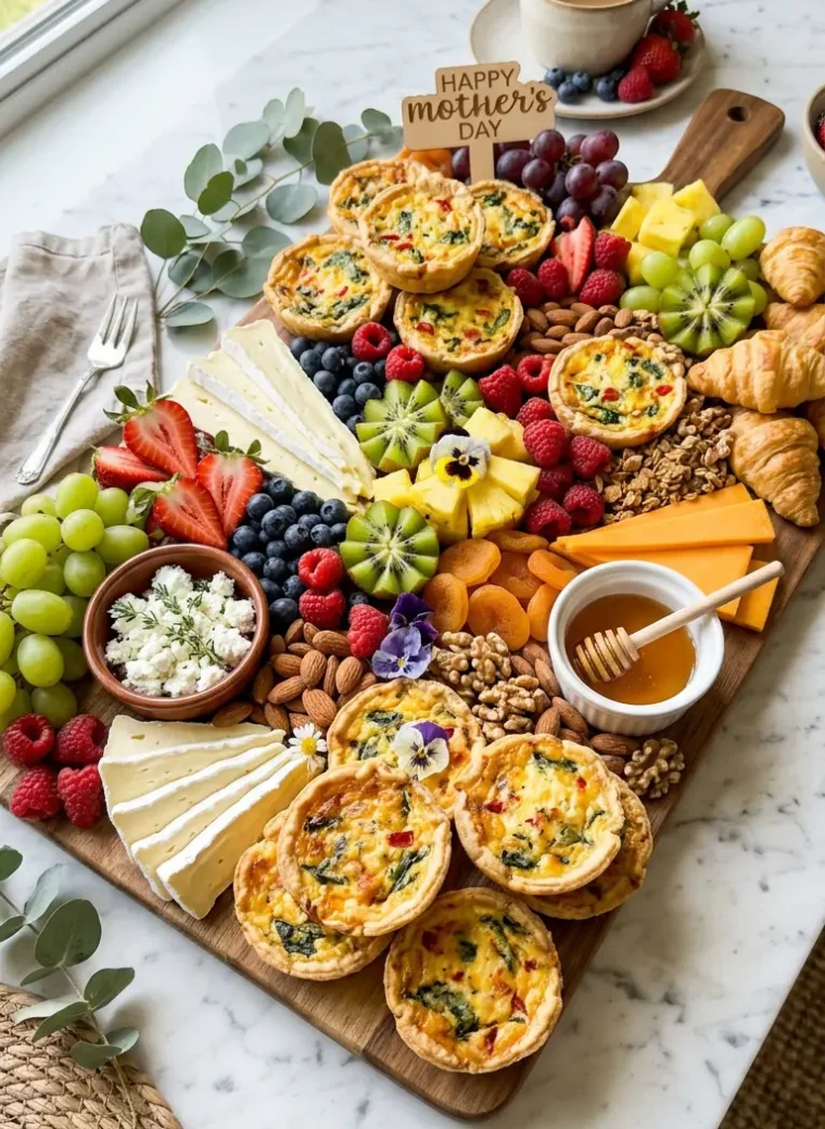 Mother's Day brunch board with mini quiches, fresh fruit, brie, cheddar, croissants, and honey on white marble