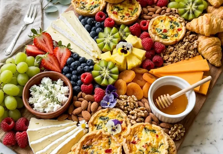 Mother's Day brunch board with mini quiches, fresh fruit, brie, cheddar, croissants, and honey on white marble