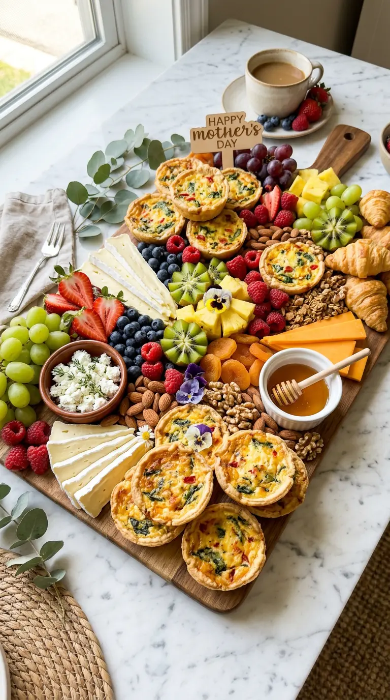Mother's Day brunch board with mini quiches, fresh fruit, brie, cheddar, croissants, and honey on white marble