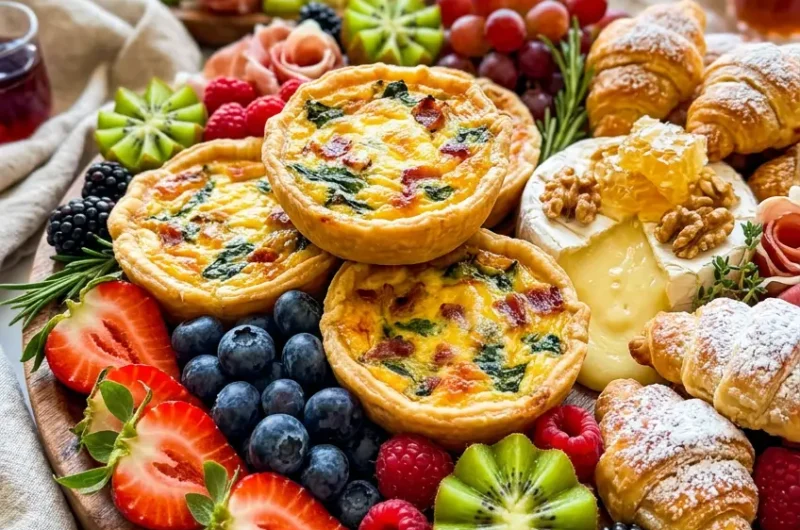 Pinterest pin image for Mother's Day Brunch Board with mini quiches and fresh fruit