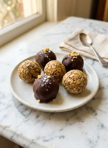 Homemade no-bake peanut butter energy bites with chocolate coating