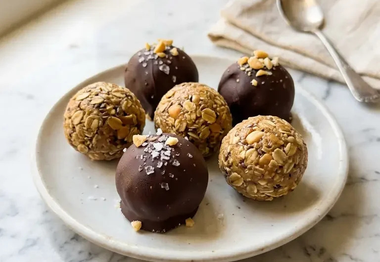 Homemade no-bake peanut butter energy bites with chocolate coating