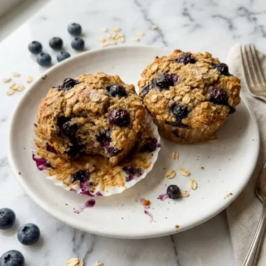 Close-up of high-protein oatmeal blueberry muffins with golden tops and jammy blueberry pockets on a white ceramic plate