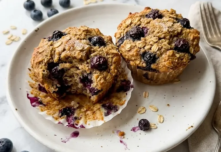 Close-up of high-protein oatmeal blueberry muffins with golden tops and jammy blueberry pockets on a white ceramic plate