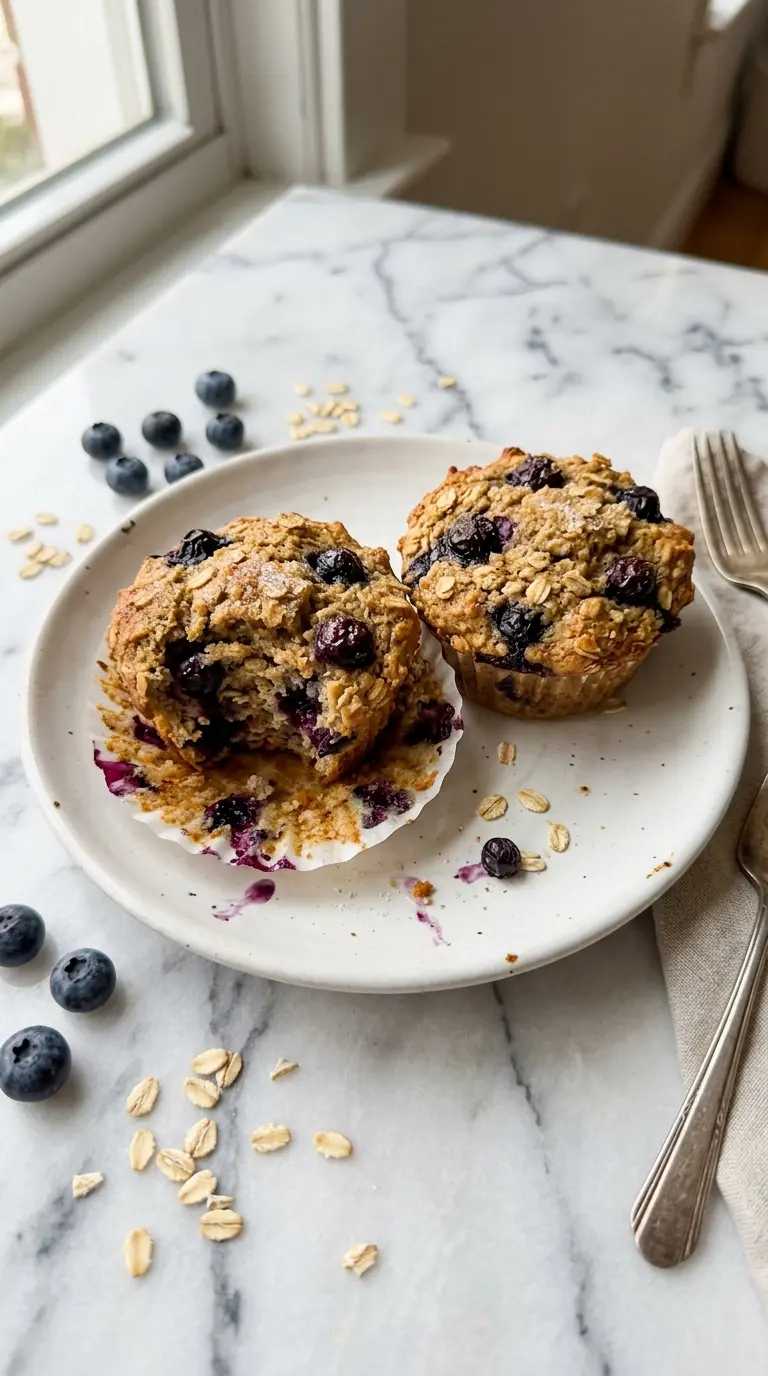 Close-up of high-protein oatmeal blueberry muffins with golden tops and jammy blueberry pockets on a white ceramic plate