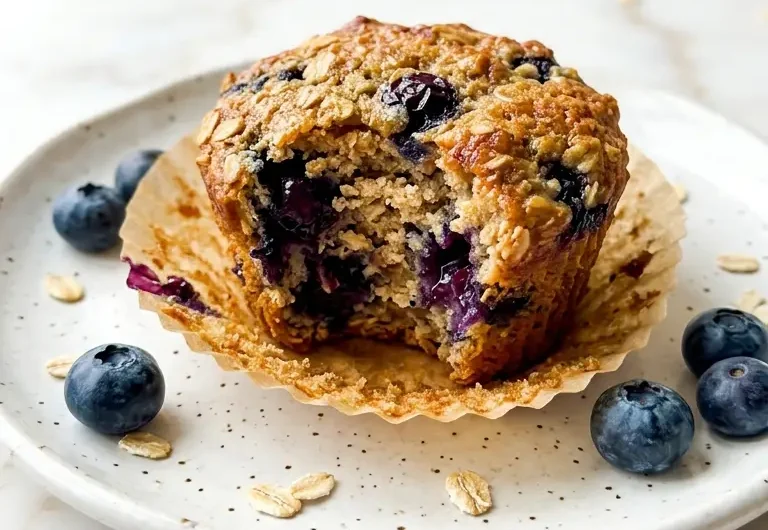 Pinterest pin image for high-protein oatmeal blueberry muffins showing golden muffin with jammy blueberry interior