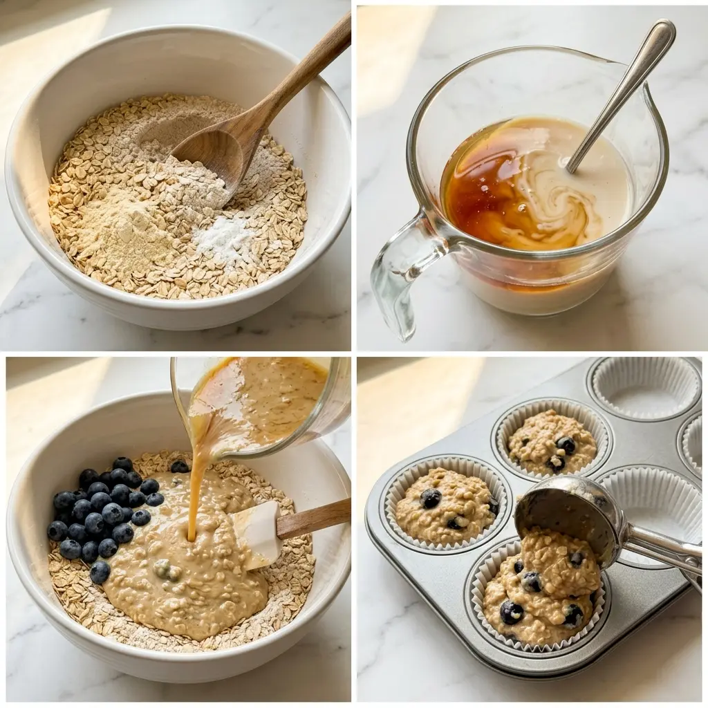 4-step cooking process collage for oatmeal blueberry muffins showing dry mixing, wet mixing, combining, and filling the tin