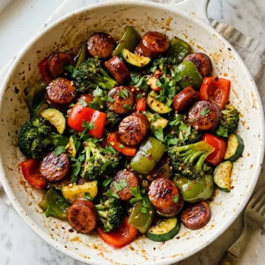 One-pan honey garlic kielbasa and veggies in a white ceramic skillet with caramelized sausage and colorful vegetables