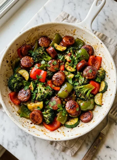One-pan honey garlic kielbasa and veggies in a white ceramic skillet with caramelized sausage and colorful vegetables