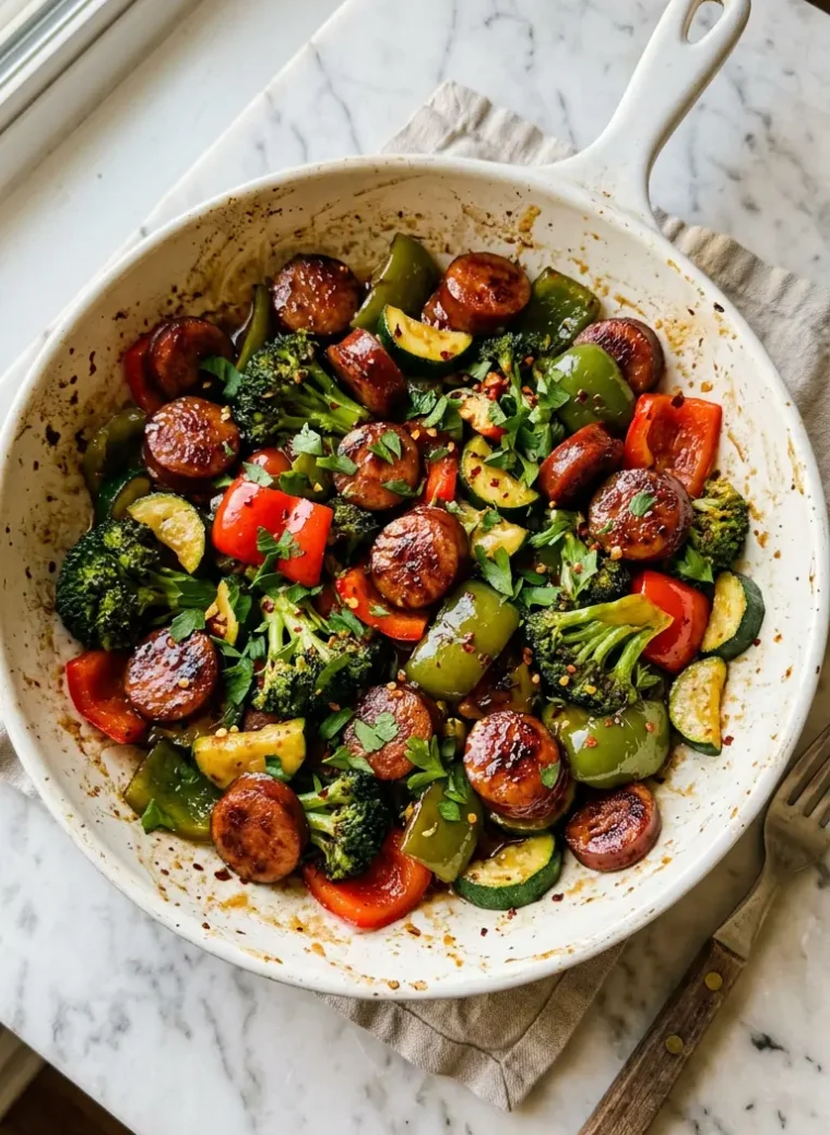 One-pan honey garlic kielbasa and veggies in a white ceramic skillet with caramelized sausage and colorful vegetables