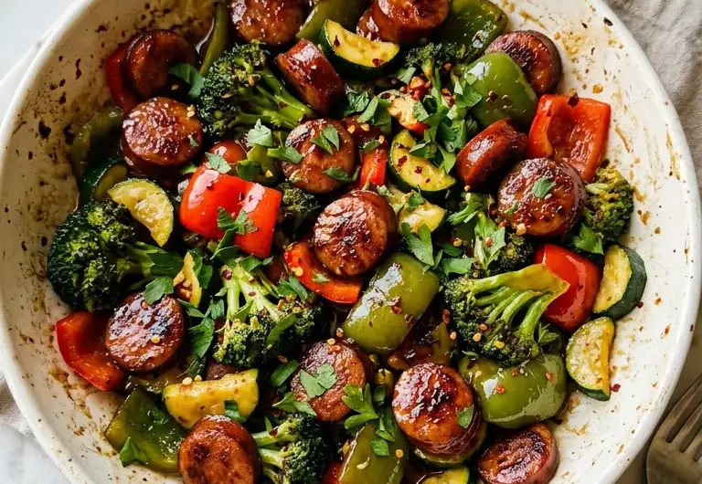 One-pan honey garlic kielbasa and veggies in a white ceramic skillet with caramelized sausage and colorful vegetables